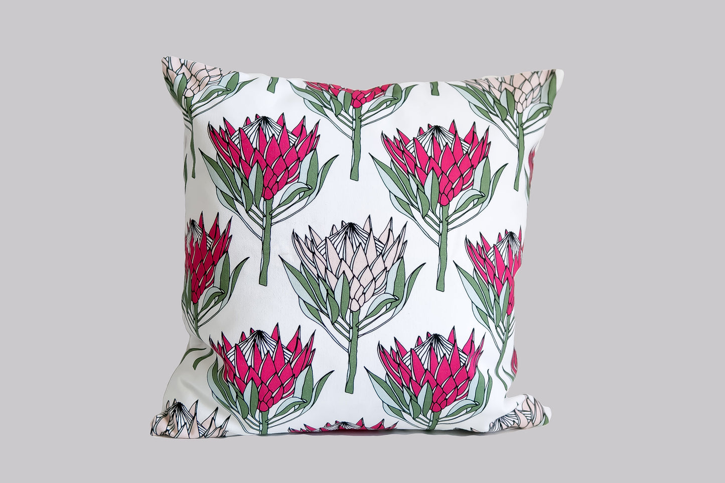 King Protea Pink on White cushion cover.
