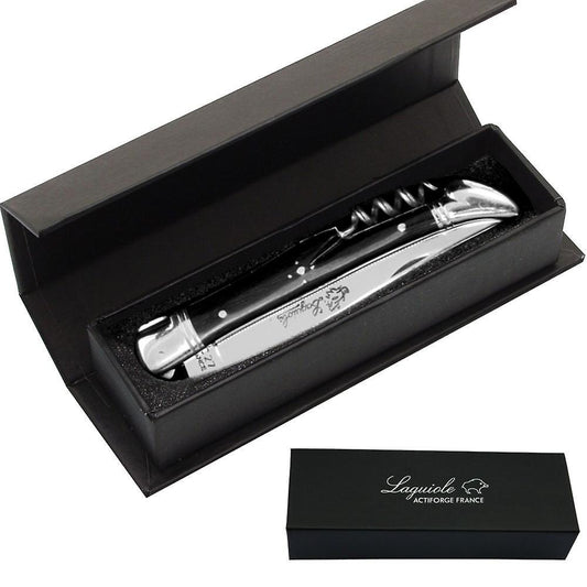 Hand Made Forge de Laguiole folding Knife with a cork screw  with black horn tip