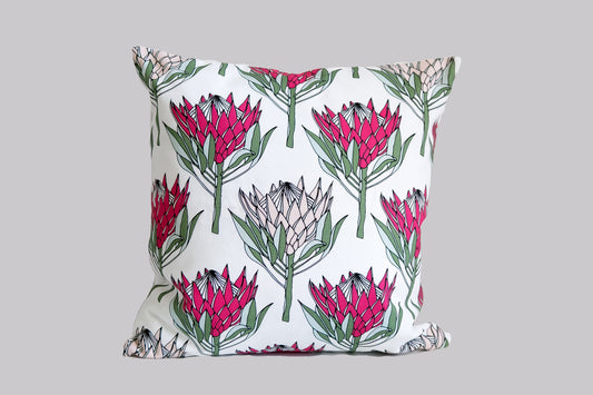 King Protea Pink on White  cushion cover.